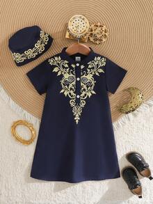 SHEIN 2件套男婴春夏纯色蓝色时尚金色刺绣衬衫配帽子，半开领长款，适合外出、休闲和优雅派对，幼儿/婴儿男女通用套装 - 藏蓝色 - 查看 3