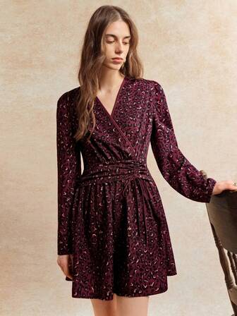 Écloséra Women's Autumn Dresses, Short Dresses, Long-Sleeved Dresses, V-Neck Wrap Dresses, Tie-Waist Dresses, Drawstring Dresses, French Vintage Dresses, Elegant Dresses, Vacation Dresses, Summer Holiday Dresses, Women's Casual Dresses, Leopard Print Dresses, Cheetah Print Dresses, Camouflage Dresses, Dark Red Dresses