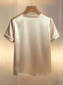 Franclia 缎面超大圆领珍珠装饰女士短袖衬衫 - 卡其色 - 查看 2