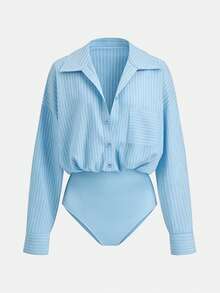 Airaco Women's Drop Shoulder Striped Casual Front Button Bodysuit