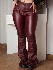 Lupita Cardoza 女式纯色 PU 皮革喇叭裤，带口袋，时尚'