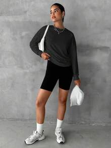 EURMUSE Cotton Solid Drop Shoulder Sweatshirt - Black - View 4