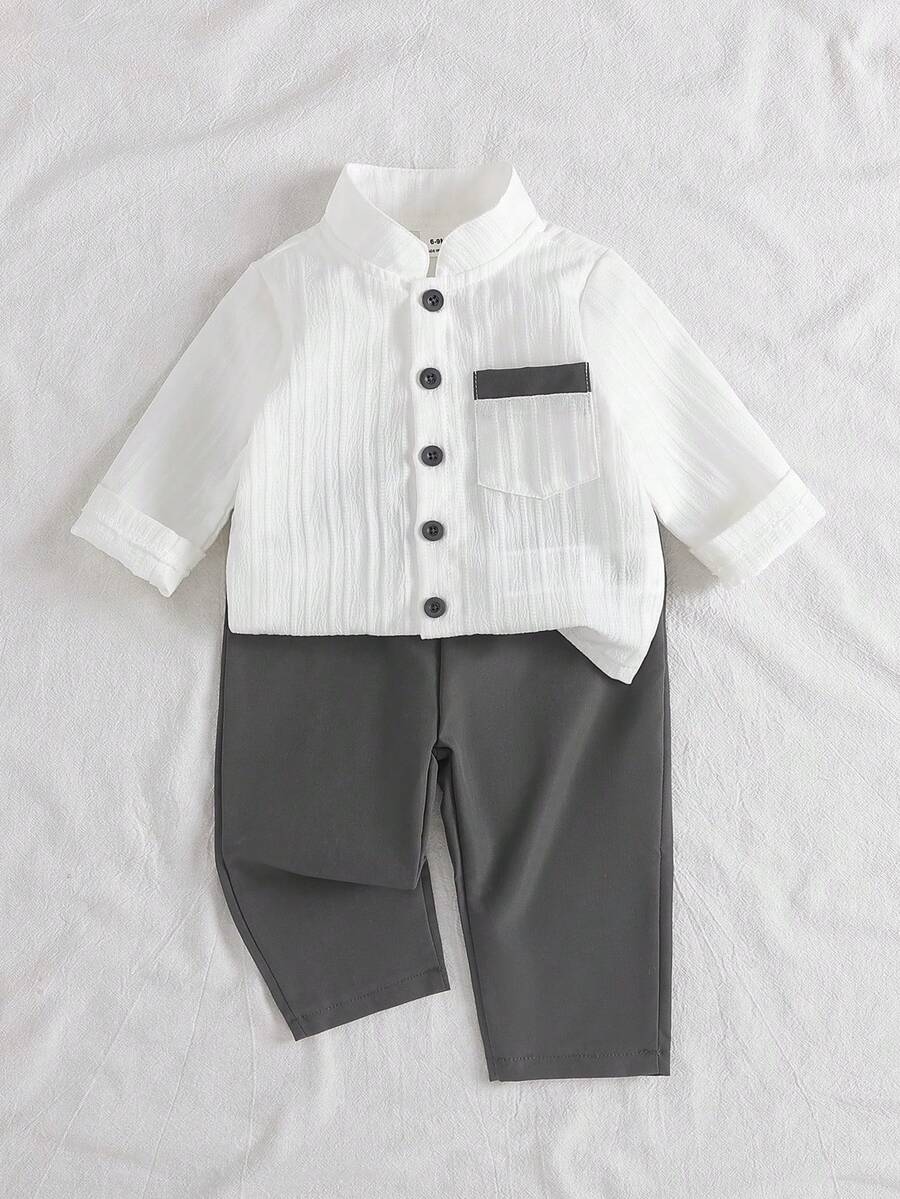 SHEIN Vintaside Kids 男婴立领短袖衬衫套装(2件套),纽扣设计,贴袋T恤上衣搭配松紧腰短裤,休闲复古宽松舒适套装,夏季新品 - 灰色 - 查看 1