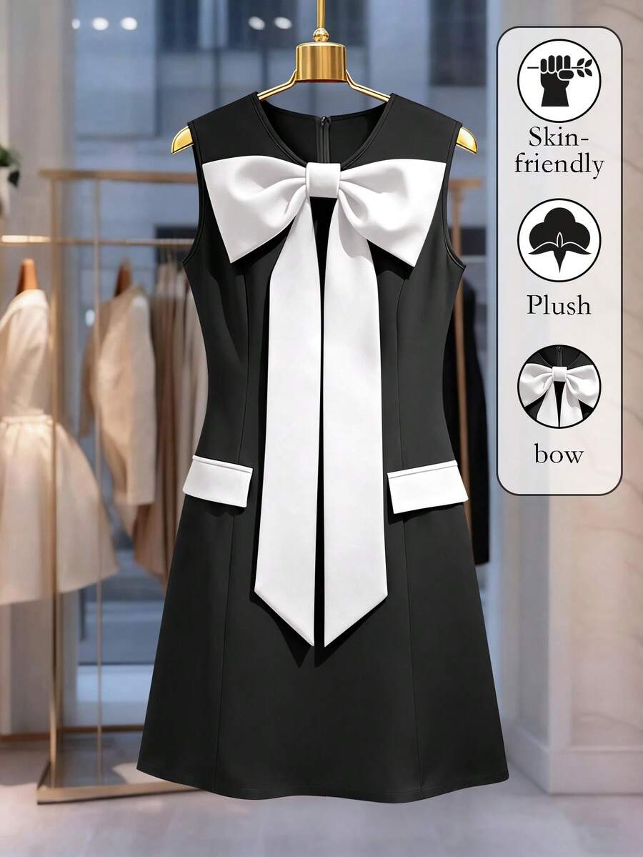 SHEIN LUNE CURVE Plus Size Casual Elegant Comfortable Bow Tie Commute Mid-Length Elegant Round Neck Dress - Black and White - View 1