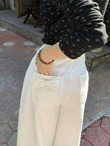 DAZY 女士水洗韩版纯色休闲宽松牛仔裤 - 白色 - 查看 7