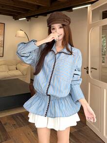 DAZY Women's Striped Casual Korean Style Long Sleeve Shirt, Spring/Summer - Blue - View 4