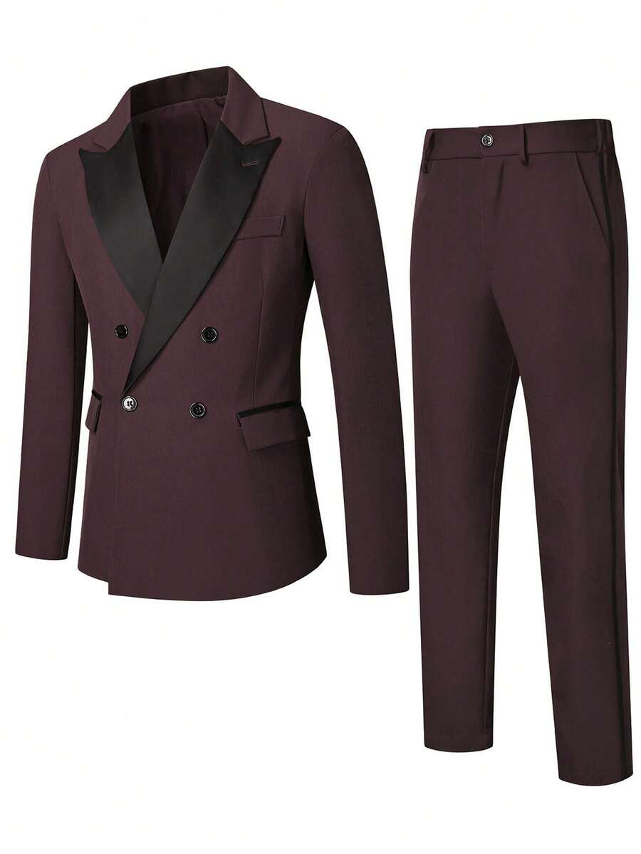 Manfinity Mode Completo da uomo con giacca doppiopetto a contrasto di colore e maniche lunghe, e pantaloni tinta unita - Bordò - Visualizzare 1