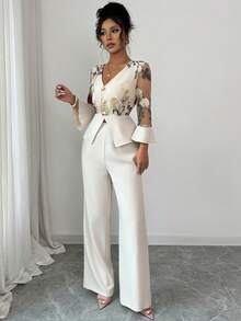 Elenzga Plus Size Floral Embroidery Sheer V-Neck Long Sleeve Top And Pants Elegant Set - Apricot - View 4