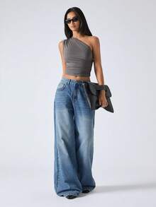 SHEIN EZwear 夏季单肩纯色Y2K时尚褶皱露脐上衣