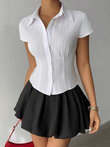 Aloruh 女士优雅春夏通勤日常简约百搭白色短袖褶皱腰身衬衫 - 白色 - 查看 6