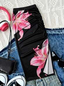 SHEIN Tween Girl High Waist Pleated Slit Hem Ribbed Knit Skirt - Black - View 8