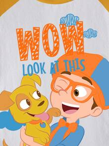 Blippi X SHEIN Áo thun tay raglan phối màu hoạt hình dễ thương, kiểu dáng thường ngày cho bé trai, thích hợp mặc mùa hè. - trắng - Xem 6