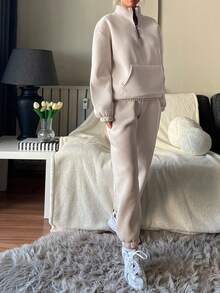 RueChic Half Zip Drop Shoulder Sweatshirt & Joggers - Apricot - View 4