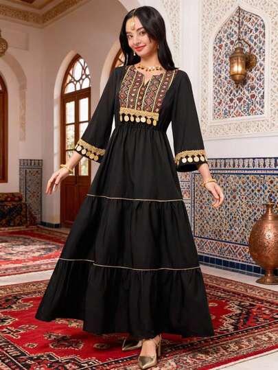 SHEIN Teen Girls' Long Sleeve Robe With Waist Cinching, Pattern Retro Print Patchwork, Suitable For Holidays, Parties, And Arabic Traditional Abaya Robe