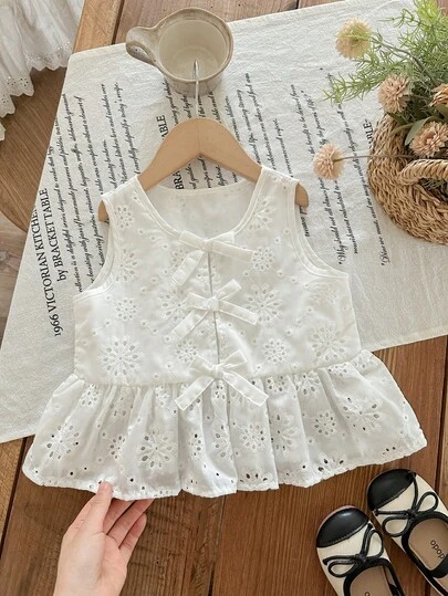 LMoss Kids LMoss   Young Girl Woven Solid Color Hollow Embroidered Casual Shirt