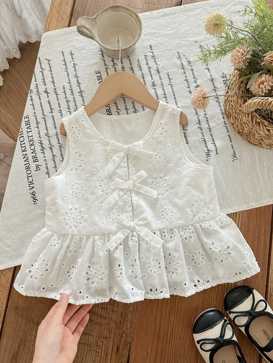 LMoss Kids Kemeja Kasual Bordir Berongga Warna Polos Tenun untuk Anak Perempuan LMoss - Putih - View 1
