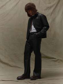Musero Straight Leg Leather Pants Trouser Seam Detailing Pleat Style Front Fall Autumn Winter - Black - View 1