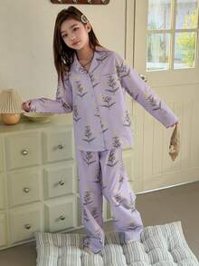 DAZY Tween Girl Floral Print Long Sleeve Button-Up Pocket Top And Pants Pajama Set Spring - Purple - View 5