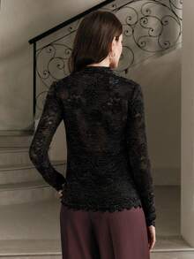 Anewsta High Quality Fashion Women's Embroidered Pleated Textured Mock Neck Long Sleeve Top - Black - View 7