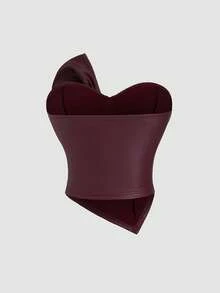 Sweetra 女士新款设计感高街优雅叠层复古纹理高端简约修身短款不对称上衣，春夏款 - 酒紅色 - 查看 2