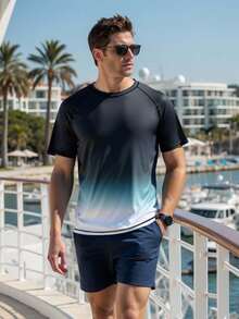 Manfinity Swimmode Summer Men's Gradient Surf Rashguard Swimwear For Beach & Holiday Cruise Clothes For Men Mens Rash Guard Shirt Men Active Wear Beach Wear For Men Swim Shirt For Men