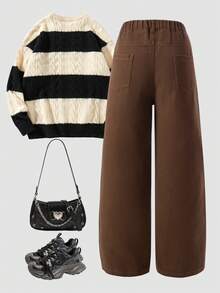 SHEIN ChillGRL Tween Girls Y2K Style Casual Loose Straight Leg Basic Drawstring Jeans + Basic Elastic Waist Jeans, Comfortable Fabric Suitable For All Seasons Brown Baggy Pants - Coffee Brown - View 2