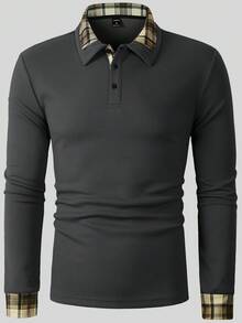 Manfinity Homme Áo Polo nam kiểu dáng thường ngày, họa tiết kẻ caro ghép mảnh, thích hợp cho mùa thu. - Xám - Xem 6