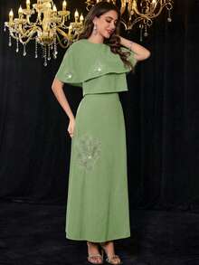 Modelyn 女士优雅圆领针织面料披肩开衫和半身裙两件套，百搭显瘦 - 薄荷綠 - 查看 6