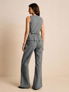 Poéselle 女士千鸟格圆领单排扣背心上衣和喇叭裤休闲通勤套装 - 黑與白 - 查看 3