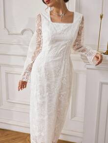 Modelyn Elegant Embroidered Waist Fitted Straight Midi Dress For Women - Pearl White - View 5