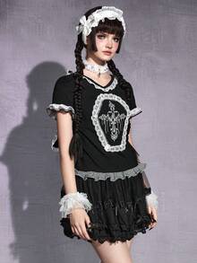 ROMWE Gothic Doll Cross Contrast Lace Bodycon T-Shirt - Black - View 8