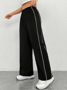 SHEIN PETITE CURVE Plus Size Side Contrast Color Straight Leg Pants/Winter - Black - View 7