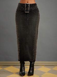 NYA SZN Skirt Denim High Rise Bodycon Fitted Studded Silver Hardware Streetwear Grunge Lux Washed Black Holiday Carnival Outfits For Women - Black - View 6