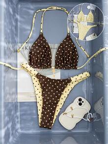 Swim Mod Women's Summer New Seaside Vacation Fashion Sweet Cute Contrast Polka Dot Print Reversible Halter Tie Back Sexy Bikini Set Set Summer Bikini Cute Swimsuits Polka Dot Bikini Polka Dot Bathing Suit - Multicolor - View 6