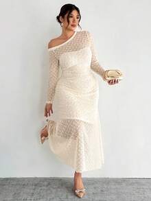 Firerie Plus Size Comfortable Casual Elegant Vacation One Shoulder Cold Shoulder Ruched Textured Stretchy Slimming Long Sleeve Dress For Women, Suitable For Spring, Summer, Autumn, Winter White One Shoulder Dress Dotted Swiss Dress Elegant One Sleeve Dress See Through Maxi Dress Spring Dress For Women Wedding Dress For Women - Apricot - View 2