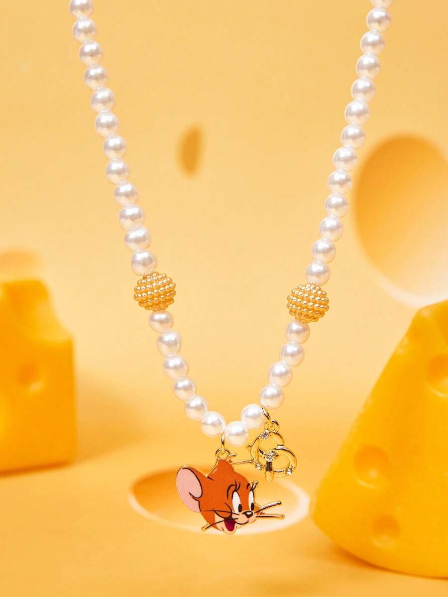 TOM & JERRY X SHEIN 1pc Cute Mouse Zinc Alloy Rhinestone Inlaid Necklace, Luxury Niche, Exquisite And Elegant, Casual And Fashionable, Suitable For Various Parties, Concerts, Festivals - Gold - View 1
