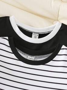 SHEIN Tween GirlsCasual Striped Black & White 2 Pieces Dress Set, Suitable For Daily Casual Outings And School - Multicolor - View 6