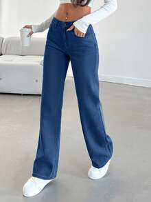 SHEIN Tall 100%纯棉低腰黑色直筒长裤 - 中等水洗藍 - 查看 3