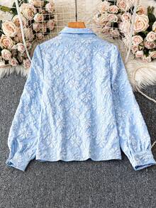 DreamSkyne 大码女式纯色提花面料翻领灯笼袖休闲通勤时尚优雅法式复古甜美约会蓝长袖衬衫 - 藍色 - 查看 2