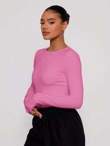 MUSERA Crew Neck Long Sleeve Bodysuit Fitted Casual Capsule Wardrobe Basic Everyday Business Office Work Back To School Winter White Lounge - Pink - View 2