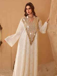 Layrah 时尚网纱刺绣亮片拼接流苏长袍 - 杏色 - 查看 9