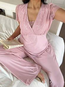 Dazy Plus 2pcs Contrast Lace Elastic Fitted Short Sleeve Top And Loose Straight Pants Pajama Set, Pink, Spring/Summer - Pink - View 2
