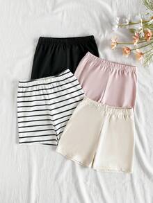 SHEIN Vintaside Kids 4pcs Set Girls Casual Solid & Black Fine Stripe Print Shorts, Pink, Black, White Stripe, Suitable For Summer Holiday Vacation Everyday Wear. Cute, Fashionable, Sweet And Charming, Made With Soft Comfortable Fabric And Playful Casual Style. Ideal For Beach Vacation, Park Outing, Daily Wear, Holiday Gatherings, First Birthday Parties, Sightseeing, Photoshoots, And Multiple Occasions. Perfect For Spring/Summer Wear - White - View 4