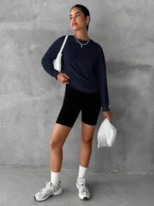 EURMUSE Cotton Solid Drop Shoulder Sweatshirt - Navy Blue - View 4