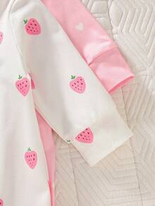 SHEIN 两件套新生女宝宝服装，舒适可爱的草莓印花长袖连体衣，柔软弹力针织面料，全开襟按扣设计，适合春秋季穿着，0-9个月，粉色和白色 - 淺粉色 - 查看 4