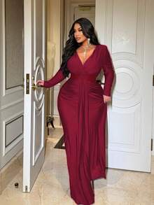 NU&NOW 大码女士复古优雅深V领长袖修身连衣裙 - 紅色 - 查看 3