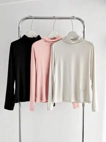SHEIN BASICS 3pcs/Set Women's Casual Black Autumn Everyday Turtleneck Tops,Solid Color Knit Slim Fit Long Sleeve Multipack Plus Size T-Shirts Poloneck Regular Fit - Baby Pink - View 4