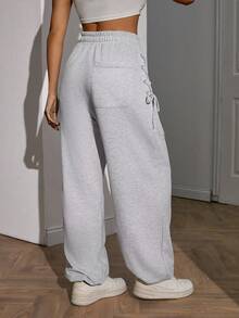 EURMUSE Woman Oversize Loose Fit Casual Sweatpants Side Eyelet And Drawstring Detailed