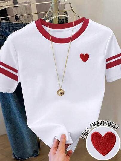 Resyla Women's Casual Patchwork Striped Heart Embroidery Round Neck Short Sleeve T-Shirt, Summer