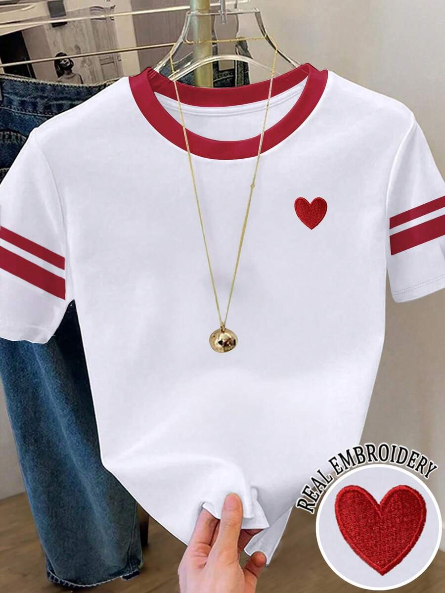Resyla Women's Casual Patchwork Striped Heart Embroidery Round Neck Short Sleeve T-Shirt, Summer - White - View 1